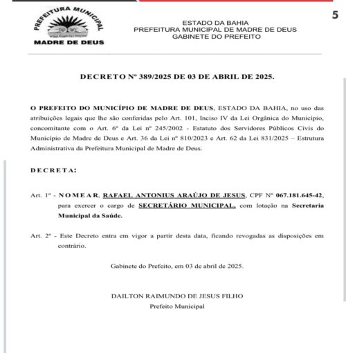 Prefeito de Madre de Deus nomeia o filho como secretário de Saúde