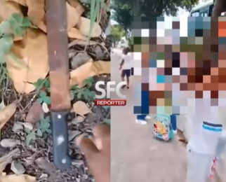 Perigo: Estudantes “brincam” com facão em frente a escola Iromar, no Caípe, em São Francisco do Conde