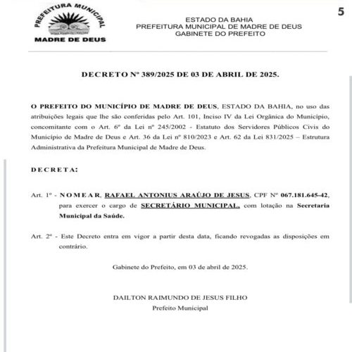 Prefeito de Madre de Deus nomeia o filho como secretário de Saúde