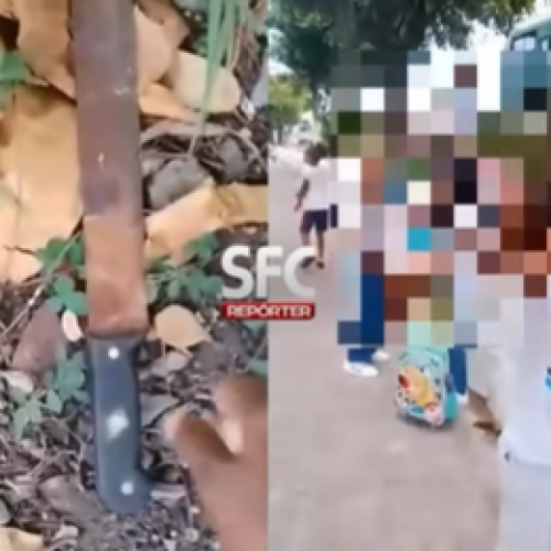 Perigo: Estudantes “brincam” com facão em frente a escola Iromar, no Caípe, em São Francisco do Conde